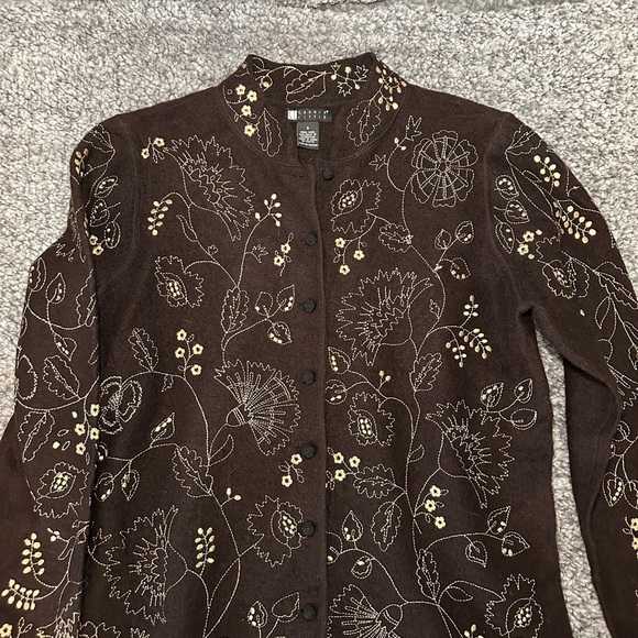 Carole Little Sweaters - Carole Little Brown Wool Cardigan with Floral Embroidery